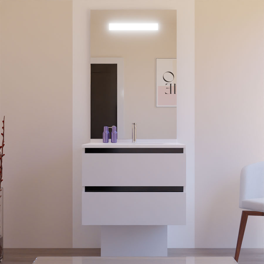 Ensemble meuble salle de bain 70 cm ARLEQUIN blanc et noir avec plan vasque blanc avec miroir LED Elegance grande hauteur