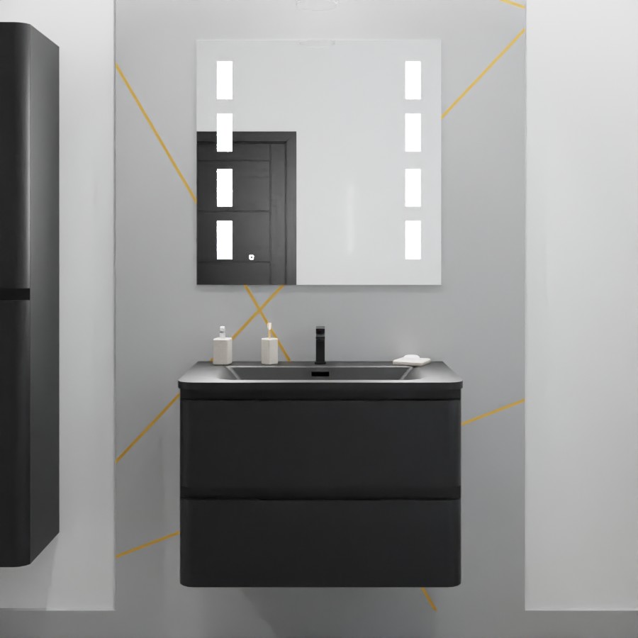 Meuble salle de bain 80 cm noir mat avec simple plan vasque en résine noir mat et miroir LED antibuée Prestige 80 cm